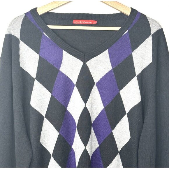 Stockhomme Mens Argyle Sweater V Neck Pullover Acrylic Black Gray Purple Size XL - Picture 2 of 11